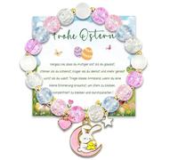 Easter Bunny Charm Bracelet for Girls with Pink Light Blue White Pastel Crackle-Effect Beads - Adjustable Elastic Cord Bunny Moon Star Heart Charms Jewelry Gift with Greeting Card for Spring Easter