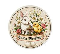 Easter Bunny Chick Cross Flowers Eggs Blessings Round Tin Sign Vintage Metal Sign Home Bar Garden Wall Decor Metal Poster 8x8 Inch