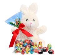 Easter Bunny & Chocolates for Easter Gifts - White Soft Bunny Toy 27cm with 150g Milk Chocolate Ladybugs, Mini Eggs with Hazelnut Pralines. Great Gifts for Kids, Egg Hunt