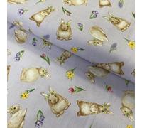 Easter Bunny Cotton Fabric, Spring Floral Print, 112 cm Wide, Grey
