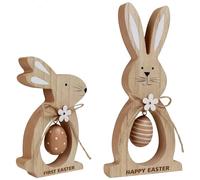 Easter Bunny Decor for Home, 2 Pieces Rustic Farmhouse Wooden Bunny Tiered Tray & Table Decorations, Solid Wood Spring Easter Decor for Mantel, Shelf & Centerpiece with Hanging Egg (Style A)