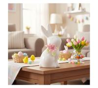 Easter Bunny Decorations, Small Ceramic Rabbit Figurine with Floral Accents | Porcelain Animal Statue for Desktop, Tiered Tray Decor, Cute Bunny Ornament Gift for Easter, Housewarming, Birthday