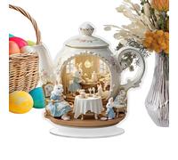 Easter Bunny Decorative Figurine Spring Rabbit Statue 2D Resin Flat Animal Sculpture with Floral Tea Cup Design Seasonal Cake Collectible Art Piece d
