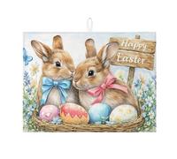 Easter Bunny Dish Drying Mats for Kitchen Counter, Cute Rabbit Floral Absorbent Dish Drainer Rack Mat, Spring Fanciful Microfiber Drying Pad for Kitchen Counter Decor 18x24 Inch