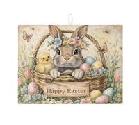 Easter Bunny Dish Drying Mats for Kitchen Counter, Spring Fanciful Absorbent Dish Drainer Rack Mat, Vintage Floral Microfiber Drying Pad for Kitchen Counter Decor 18x24 Inch