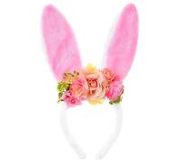 Easter Bunny Ear Headbands Spring Flower Headband for Women Pink Floral Easter Hair Accessories with Pink Plush Rabbit Ear Hair Bands for Egg Hunts Cosplay Costume Easter Basket Stuffers Gifts 1Pcs