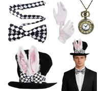 Easter Bunny Ear Top Hat - 4 Piece Magician Costume Accessory Set | White Rabbit Cosplay Props with Gloves Watching Bow Tie | Party Outfit - Halloween Stage Show Tea Party