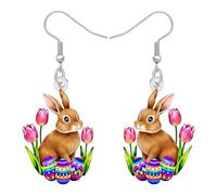 Easter Bunny Egg Dangle Earrings for Women, Cute Rabbit Spring Floral Festive Jewelry Accessories, Colorful Aesthetic Holiday Party Decorations, Vibrant Animal Pattern Printed Charms Ornament, Floral