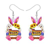 Easter Bunny Egg Dangle Earrings for Women, Cute Rabbit Spring Floral Festive Jewelry Accessories, Colorful Aesthetic Holiday Party Decorations, Vibrant Animal Pattern Printed Charms Ornament, Floral