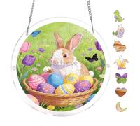 Easter Bunny Eggs Garden Scene 7.8x7.8Inch Round Acrylic Hanging Puzzle | Creative Home Accent with Visual Appeal