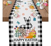 Easter Bunny Eggs Table Runner Buffalo Plaid Linen Tables Runner Butterfly Burlap Dresser Scarf for Kitchen Dining, Holiday Family Dinner (33x183cm)