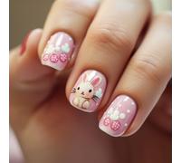 Easter Bunny False Nails Short, 24 Pieces Cute Press On Nails For Kids, Eggs Spring Flowers Easter False Nails Almond, Pink And Yellow Floral Design (Pink, One Size)