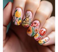 Easter Bunny False Nails Short, 24 Pieces Cute Press On Nails For Kids, Eggs Spring Flowers Easter False Nails Almond, Pink And Yellow Floral Design (Orange, One Size)