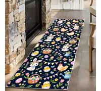 Easter Bunny Floral Eggs Kids Rugs Kids Room Decor Carpet Runner 60x180cm | Navy Blue Spring Carpet With Rabbits, Chicks, Baskets and Flower Soft Non-Slip for Bedroom Dining Room Children Home Decor