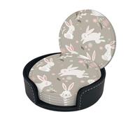 Easter Bunny Floral Print Round Leather Coasters - Set Of 6, Ultra-Fiber Pu Leather