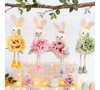 Easter Bunny Hanging Decorations | 4 Pcs Floral Rabbit Ornaments with Dangling Legs | 20cm Pastel Spring Plush Bunnies for Easter Tree, Wreath & Home Decor, Multi-Coloured