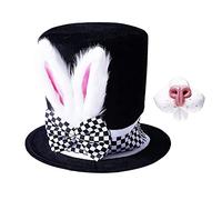 Easter Bunny Hat With Rabbit Nose Adult Costume - White Rabbit Ear Black Fancy Dress Up Set for Men Women Witch Party - Velvet Easter Bonnet for Carnival Halloween Cosplay Wizard