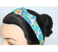 Easter Bunny Headband, Turquoise Blue, Fabric Bow, Colorful Egg and Flower Print, Kids Hair Accessory
