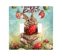 Easter Bunny Light Switch Cover Plates/Outlet Covers, Cute Brown Rabbit with Colorful Eggs for Spring Decor, Thermoplastic Wall Plates, Standard Size Double Toggle