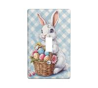 Easter Bunny Light Switch Cover Plates/Outlet Covers, Soft Blue Gingham Featuring Adorable Rabbit with Egg Basket, Thermoplastic Wall Plates, Standard Size Single Toggle