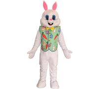 Easter Bunny Mascot Costume with Decorative Vest, White Plush Full Body Suit with Pink Ears and Yellow Bow Tie