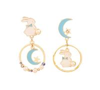 Easter Bunny Moon Star Earrings Asymmetric Sweet Enamel Pink Rabbit Animal Crescent Lucky Stars White Pearl Crystal Lightweight Dangle Drop Earrings for Women Festival Holiday Party Jewelry Gifts, M