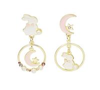 Easter Bunny Moon Star Earrings Asymmetric Sweet Enamel Pink Rabbit Animal Crescent Lucky Stars White Pearl Crystal Lightweight Dangle Drop Earrings for Women Festival Holiday Party Jewelry Gifts, M