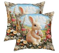 Easter Bunny Pillow Covers Set of 2, Cream Rabbit with Easter Egg Throw Pillows Case, Spring Decorative Square Farmhouse Decor Cushion Covers for Home Sofa Bed Couch 18x18 Inch