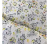 Easter Bunny Print Cotton Fabric, 150 cm Wide, White Background with Grey Bunnies and Spring Flowers