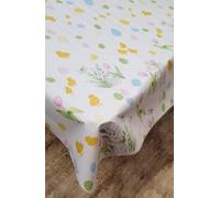 Easter Bunny Rabbits PVC Table cloth White Yellow Chicks Green Blue Eggs Tulip Flowers Green Leaves PVC Plastic Vinyl Oilcloth Wipe Clean Party Table Cloth (300cm x 140cm Rectangle 118" x 54" inches)