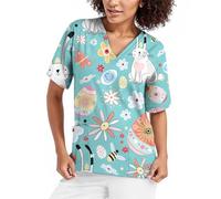 Easter Bunny Scrub Tops Women Beauty Tunic Workwear Short Sleeve Work Tops Cat Grooming Nurse Scrubs Women Ladies Scrub Top Beauty Salon Tunics for Women UK Sky Blue