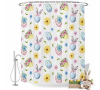 Easter Bunny Shower Curtain for Bathroom, Blue Eggs Yellow Daisy Pink Flower Leaf Watercolor Waterproof Cloth Fabric Bathroom Accessories Set with 12 Rust Proof Plastic Hooks, 60"x72"