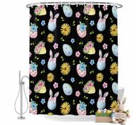 Easter Bunny Shower Curtain for Bathroom, Easter Eggs Yellow Daisy Pink Flower Leaf Black Background Waterproof Cloth Fabric Bathroom Accessories Set with 12 Rust Proof Plastic Hooks, 72"x84"