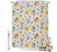 Easter Bunny Shower Curtain for Bathroom, Easter Eggs Yellow Daisy Pink Flower Leaf Linen Texture Waterproof Cloth Fabric Bathroom Accessories Set with 12 Rust Proof Plastic Hooks, 48"x72"