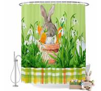 Easter Bunny Shower Curtain for Bathroom, Spring Bunny Sitting on A Flowerpot Carrot Flower Green Waterproof Cloth Fabric Bathroom Accessories Set with 12 Rust Proof Plastic Hooks, 66"x72"