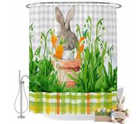 Easter Bunny Shower Curtain for Bathroom, Spring Bunny Sitting on A Flowerpot Carrot Flower Plaid Waterproof Cloth Fabric Bathroom Accessories Set with 12 Rust Proof Plastic Hooks, 60"x72"