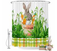 Easter Bunny Shower Curtain for Bathroom, Spring Bunny Sitting on A Flowerpot Carrot Green Flower Waterproof Cloth Fabric Bathroom Accessories Set with 12 Rust Proof Plastic Hooks, 48"x72"