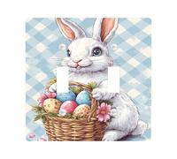 Easter Bunny Soft Blue Gingham with Adorable Rabbit with Egg Basket Thermoplastic Wall Plates for Switch Wall Plates Standard Size Double Rocker