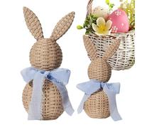 Easter Bunny Statue Set Of 2, Rattan Weaving Rabbit Figurine With Cute Bow, Rustic Easter Bunny Decor For Home, Office And Farmhouse, Add A Touch Of Spring And Festive Spirit To Your Home
