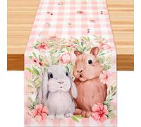 Easter Bunny Table Runner, Pink Buffalo Plaid Rabbit Floral Linen Table Runner, Colorful Happy Easter Table Runner, Seasonal Spring Holiday Kitchen Home Party Dining Table Decoration, 14" x 72"