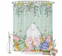 Easter Bunny Tail Shower Curtain for Bathroom, Spring Colored Eggs Floral Leaf Teal Wood Grain Waterproof Cloth Fabric Bathroom Accessories Set with 12 Rust Proof Plastic Hooks, 54"x78"