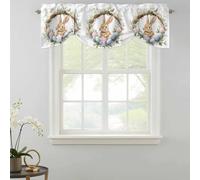 Easter Bunny Tie Up Valances Curtain, Watercolor Cute Rabbit Pink Blue Yellow Eggs Spring Floral Wreath Adjustable Rod Pocket Short Window Treatment Tie Up Curtains for Kitchen Bathroom 54x18 Inch