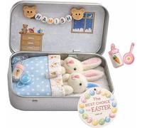 Easter Bunny Toys Hug in a Box, Little Pocket Bunny, Easter Plush Mummy and Baby Bunnies in Pocket Tin, Handmade Soft Rabbit Doll for Role Play Sibling Gift, Colors Mini Cute Toys(Blue)