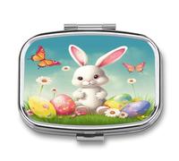 Easter Bunny with Eggs and Spring Butterfly Pill Box Medicine Pill Organizer Small Pill Case Travel Pill Container Portable Pill Case for Pocket 2 Compartment Pill Holder Pill Boxes for Travel