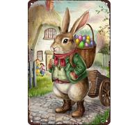 Easter Bunny with Eggs Funny Vintage Metal Tin Sign Wall Decor for Children’s Room Home Bar Cafe Garage Farm 8x12 inch