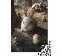 Easter Bunny with Painted Egg in Forest 1000 Piece Jigsaw Puzzle for Adults, 52x38cm/1000pcs, White Cardboard Pieces, Relaxing Indoor Activity And Family Time