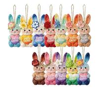 Easter Bunny Wooden Hanging Ornaments, 8cm Flat Crochet-Style Rabbit Decorations with Happy Easter Print, 2D Wooden Bunny Baubles for Easter Tree, Home & Party Decor, Spring Hanging Gifts (24)