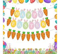 Easter Bunting,Easter Decorations,3 PCs Easter Banner,Paper Easter Hanging Decorations with"Happy Easter" Decorations,Paper Easter Carrot Rabbit Flag for Home Party Easter Decor