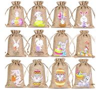 Easter Burlap Bags 12 Pieces - Handmade Rabbit Pouches, Portable Drawstring Bag | Treat Bags, Easy to Carry Bag, Convenient Open and Close Bag for