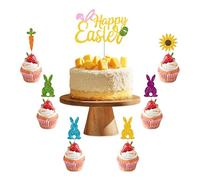 Easter Cake Decorations,1 Big Glitter Easter Cake Toppers,6Pcs Easter Bunny Cupcake Toppers,Happy Easter Birthday Party Supplies Rabbit Ears Carrot Flower Eggs Easter Cupcake Decorations